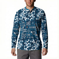Blue Hawaiian Tapa Tribal Hibiscus Button Sweatshirt