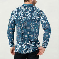 Blue Hawaiian Tapa Tribal Hibiscus Button Sweatshirt