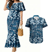 Blue Hawaiian Tapa Tribal Hibiscus Couples Matching Mermaid Dress and Hawaiian Shirt