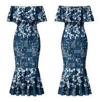 Blue Hawaiian Tapa Tribal Hibiscus Couples Matching Mermaid Dress and Long Sleeve Button Shirt