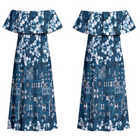 Blue Hawaiian Tapa Tribal Hibiscus Couples Matching Off Shoulder Maxi Dress and Long Sleeve Button Shirt