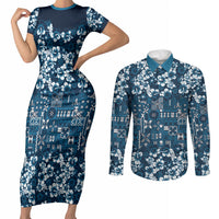 Blue Hawaiian Tapa Tribal Hibiscus Couples Matching Short Sleeve Bodycon Dress and Long Sleeve Button Shirt