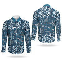 Blue Hawaiian Tapa Tribal Hibiscus Couples Matching Short Sleeve Bodycon Dress and Long Sleeve Button Shirt