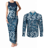 Blue Hawaiian Tapa Tribal Hibiscus Couples Matching Tank Maxi Dress and Long Sleeve Button Shirt
