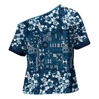 Blue Hawaiian Tapa Tribal Hibiscus Cross Shoulder Shirt