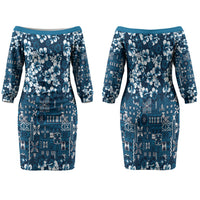 Blue Hawaiian Tapa Tribal Hibiscus Family Matching Off The Shoulder Long Sleeve Dress and Hawaiian Shirt