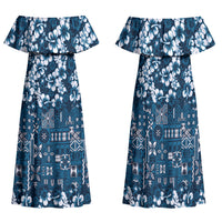 Blue Hawaiian Tapa Tribal Hibiscus Family Matching Off Shoulder Maxi Dress and Hawaiian Shirt