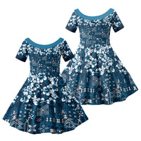 Blue Hawaiian Tapa Tribal Hibiscus Family Matching Off Shoulder Maxi Dress and Hawaiian Shirt