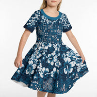 Blue Hawaiian Tapa Tribal Hibiscus Kid Short Sleeve Dress