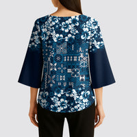 Blue Hawaiian Tapa Tribal Hibiscus Kimono Sleeve Blouse