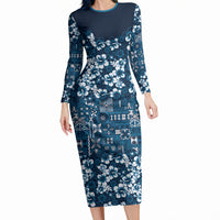 Blue Hawaiian Tapa Tribal Hibiscus Long Sleeve Bodycon Dress LT9 Long Dress Blue - Polynesian Pride