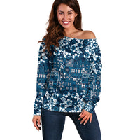 Blue Hawaiian Tapa Tribal Hibiscus Off Shoulder Sweater