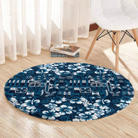 Blue Hawaiian Tapa Tribal Hibiscus Round Carpet