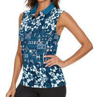 Blue Hawaiian Tapa Tribal Hibiscus Women Sleeveless Polo Shirt