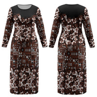 Burgundy Hawaiian Tapa Tribal Hibiscus Couples Matching Long Sleeve Bodycon Dress and Hawaiian Shirt