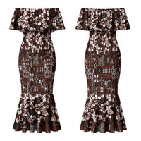 Burgundy Hawaiian Tapa Tribal Hibiscus Couples Matching Mermaid Dress and Hawaiian Shirt