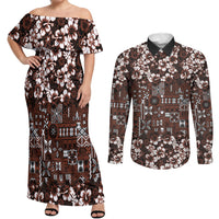 Burgundy Hawaiian Tapa Tribal Hibiscus Couples Matching Off Shoulder Maxi Dress and Long Sleeve Button Shirt