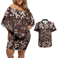 Burgundy Hawaiian Tapa Tribal Hibiscus Couples Matching Off Shoulder Short Dress and Hawaiian Shirt