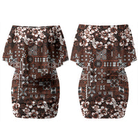 Burgundy Hawaiian Tapa Tribal Hibiscus Couples Matching Off Shoulder Short Dress and Hawaiian Shirt