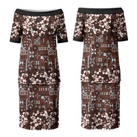Burgundy Hawaiian Tapa Tribal Hibiscus Couples Matching Puletasi and Long Sleeve Button Shirt