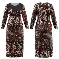 Burgundy Hawaiian Tapa Tribal Hibiscus Family Matching Long Sleeve Bodycon Dress and Hawaiian Shirt