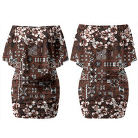 Burgundy Hawaiian Tapa Tribal Hibiscus Family Matching Off Shoulder Short Dress and Hawaiian Shirt