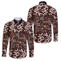 Burgundy Hawaiian Tapa Tribal Hibiscus Family Matching Off Shoulder Short Dress and Hawaiian Shirt