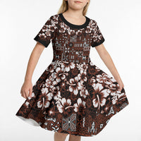 Burgundy Hawaiian Tapa Tribal Hibiscus Kid Short Sleeve Dress