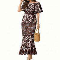 Burgundy Hawaiian Tapa Tribal Hibiscus Mermaid Dress