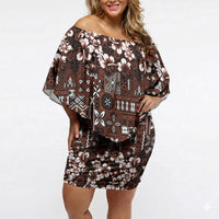 Burgundy Hawaiian Tapa Tribal Hibiscus Off Shoulder Short Dress