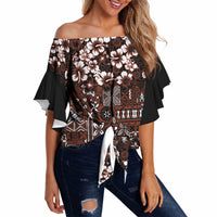 Burgundy Hawaiian Tapa Tribal Hibiscus Off Shoulder Wrap Waist Top LT9 - Polynesian Pride