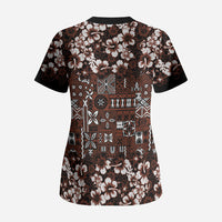 Burgundy Hawaiian Tapa Tribal Hibiscus Scrub Top