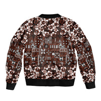 Burgundy Hawaiian Tapa Tribal Hibiscus Sleeve Zip Bomber Jacket