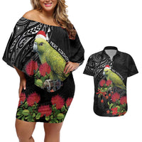 Meri Kirihimete Kakapo Couples Matching Off Shoulder Short Dress and Hawaiian Shirt Black Silver Fern Christmas Vibe LT9 Black - Polynesian Pride