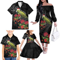 Meri Kirihimete Kakapo Family Matching Off The Shoulder Long Sleeve Dress and Hawaiian Shirt Black Silver Fern Christmas Vibe LT9 - Polynesian Pride