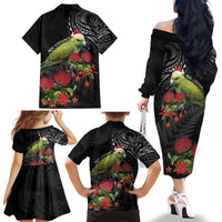 Meri Kirihimete Kakapo Family Matching Off The Shoulder Long Sleeve Dress and Hawaiian Shirt Black Silver Fern Christmas Vibe LT9 - Polynesian Pride
