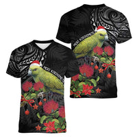 Meri Kirihimete Kakapo Women V-Neck T-Shirt Black Silver Fern Christmas Vibe