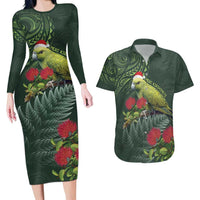Meri Kirihimete Kakapo Couples Matching Long Sleeve Bodycon Dress and Hawaiian Shirt Green Silver Fern Christmas Vibe LT9 Green - Polynesian Pride