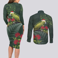 Meri Kirihimete Kakapo Couples Matching Long Sleeve Bodycon Dress and Long Sleeve Button Shirt Green Silver Fern Christmas Vibe LT9 - Polynesian Pride