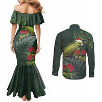 Meri Kirihimete Kakapo Couples Matching Mermaid Dress and Long Sleeve Button Shirt Green Silver Fern Christmas Vibe LT9 - Polynesian Pride