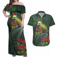 Meri Kirihimete Kakapo Couples Matching Off Shoulder Maxi Dress and Hawaiian Shirt Green Silver Fern Christmas Vibe LT9 Green - Polynesian Pride