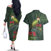 Meri Kirihimete Kakapo Couples Matching Off The Shoulder Long Sleeve Dress and Hawaiian Shirt Green Silver Fern Christmas Vibe LT9 - Polynesian Pride