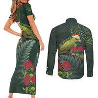 Meri Kirihimete Kakapo Couples Matching Short Sleeve Bodycon Dress and Long Sleeve Button Shirt Green Silver Fern Christmas Vibe LT9 - Polynesian Pride