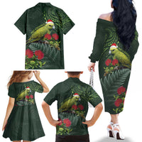 Meri Kirihimete Kakapo Family Matching Off The Shoulder Long Sleeve Dress and Hawaiian Shirt Green Silver Fern Christmas Vibe LT9 - Polynesian Pride