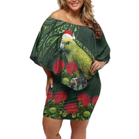 Meri Kirihimete Kakapo Family Matching Off Shoulder Short Dress and Hawaiian Shirt Green Silver Fern Christmas Vibe LT9 Mom's Dress Green - Polynesian Pride