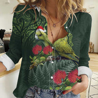 Meri Kirihimete Kakapo Women Casual Shirt Green Silver Fern Christmas Vibe LT9 Female Green - Polynesian Pride