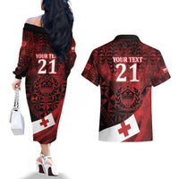 Custom Tonga XIII Rugby Tribal Tattoo Couples Matching Off The Shoulder Long Sleeve Dress and Hawaiian Shirt Mate Ma'a Tonga Kupesi Ngatu Grunge Style LT9 - Polynesian Pride