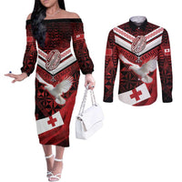 Custom Tonga XIII Rugby Tribal Tattoo Couples Matching Off The Shoulder Long Sleeve Dress and Long Sleeve Button Shirt Mate Ma'a Tonga Kupesi Ngatu Grunge Style LT9 Red - Polynesian Pride