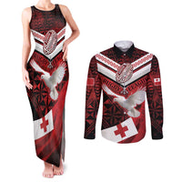 Custom Tonga XIII Rugby Tribal Tattoo Couples Matching Tank Maxi Dress and Long Sleeve Button Shirt Mate Ma'a Tonga Kupesi Ngatu Grunge Style LT9 Red - Polynesian Pride