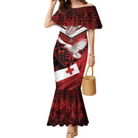 Custom Tonga XIII Rugby Tribal Tattoo Family Matching Mermaid Dress and Hawaiian Shirt Mate Ma'a Tonga Kupesi Ngatu Grunge Style LT9 Mom's Dress Red - Polynesian Pride